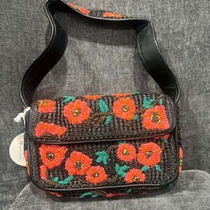 STAUD Tommy Raffia Beaded Bag California Poppy Floral